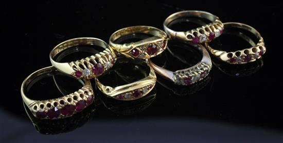 Six Edwardian 18ct gold gem set rings and one 14ct gold gem set ring, various sizes.